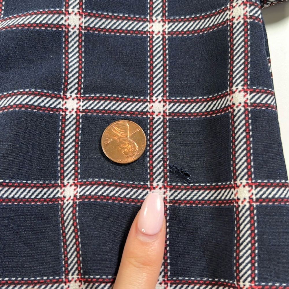 navy blue plaid twist front short sleeve blouse sz M picniccore fall casual - Picture 10 of 12